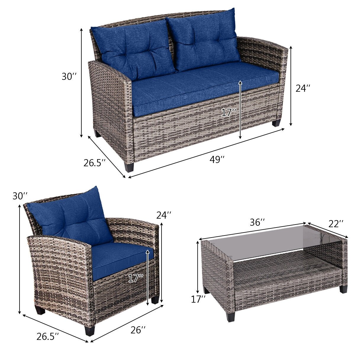 4 Pieces Patio Rattan Furniture Set Coffee Table Cushioned Sofa, Navy Patio Conversation Sets   at Gallery Canada