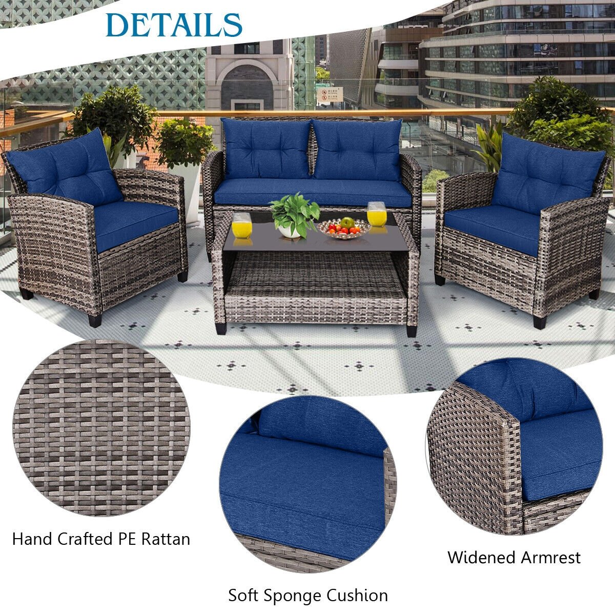 4 Pieces Patio Rattan Furniture Set Coffee Table Cushioned Sofa, Navy Patio Conversation Sets   at Gallery Canada