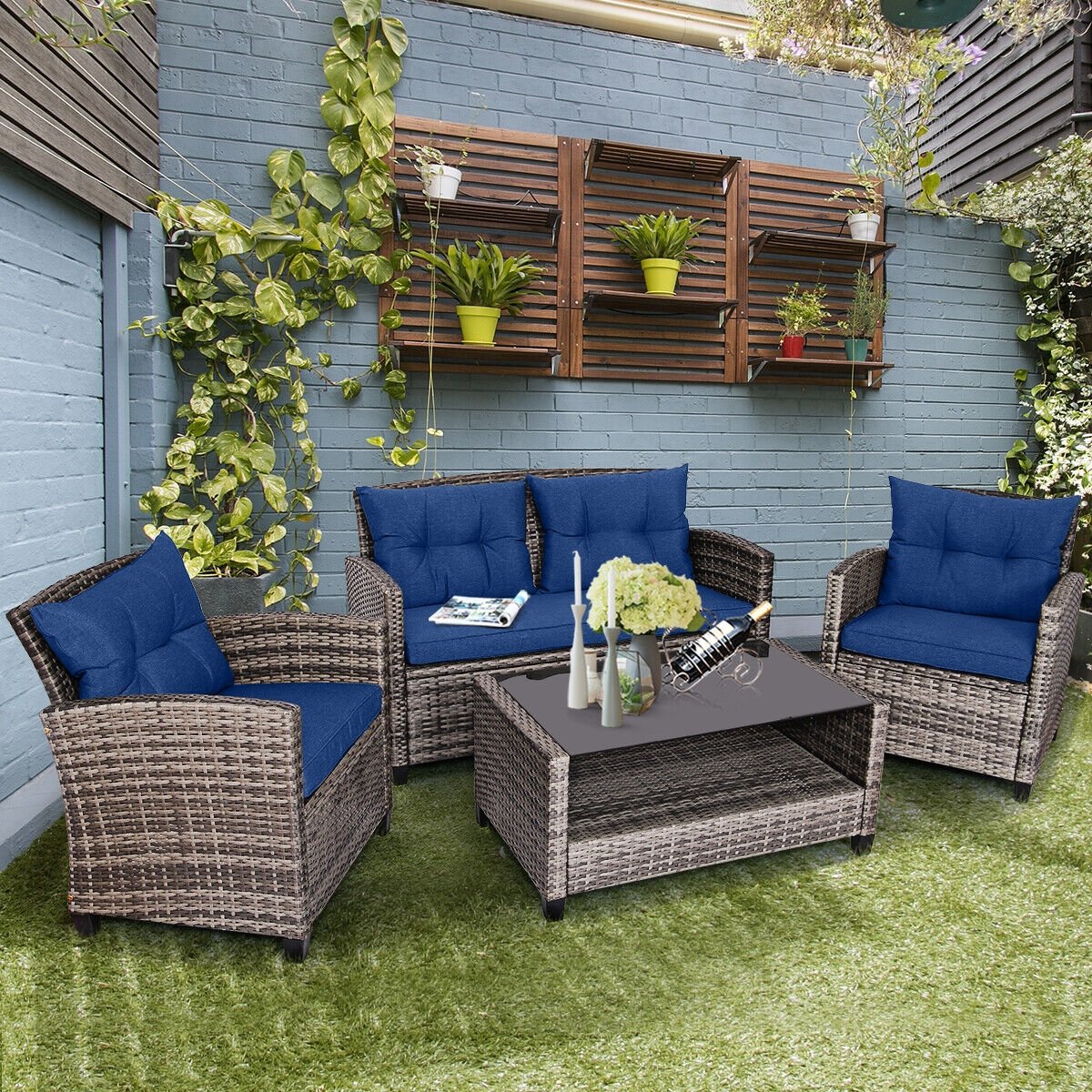 4 Pieces Patio Rattan Furniture Set Coffee Table Cushioned Sofa, Navy Patio Conversation Sets   at Gallery Canada