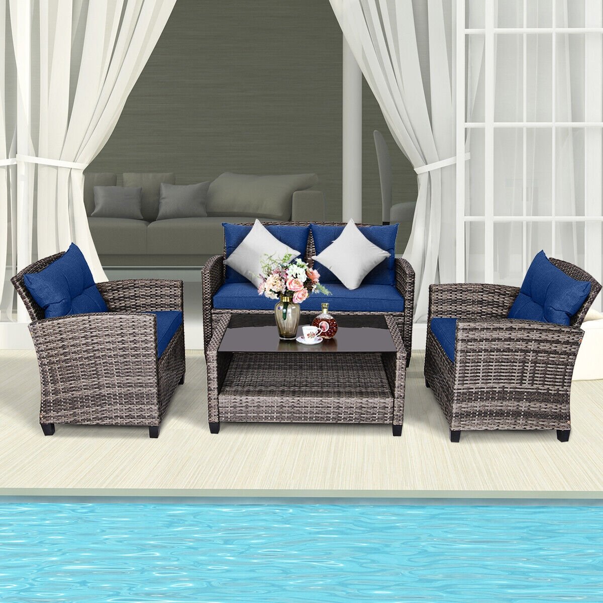 4 Pieces Patio Rattan Furniture Set Coffee Table Cushioned Sofa, Navy Patio Conversation Sets   at Gallery Canada