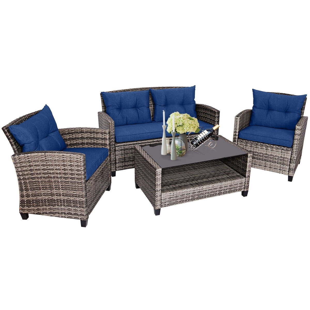 4 Pieces Patio Rattan Furniture Set Coffee Table Cushioned Sofa, Navy Patio Conversation Sets   at Gallery Canada