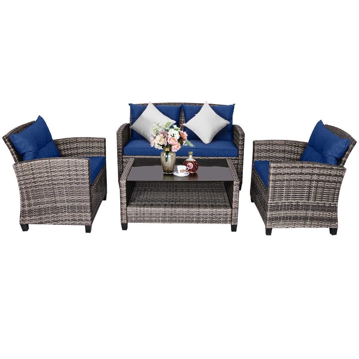 4 Pieces Patio Rattan Furniture Set Coffee Table Cushioned Sofa, Navy Patio Conversation Sets   at Gallery Canada