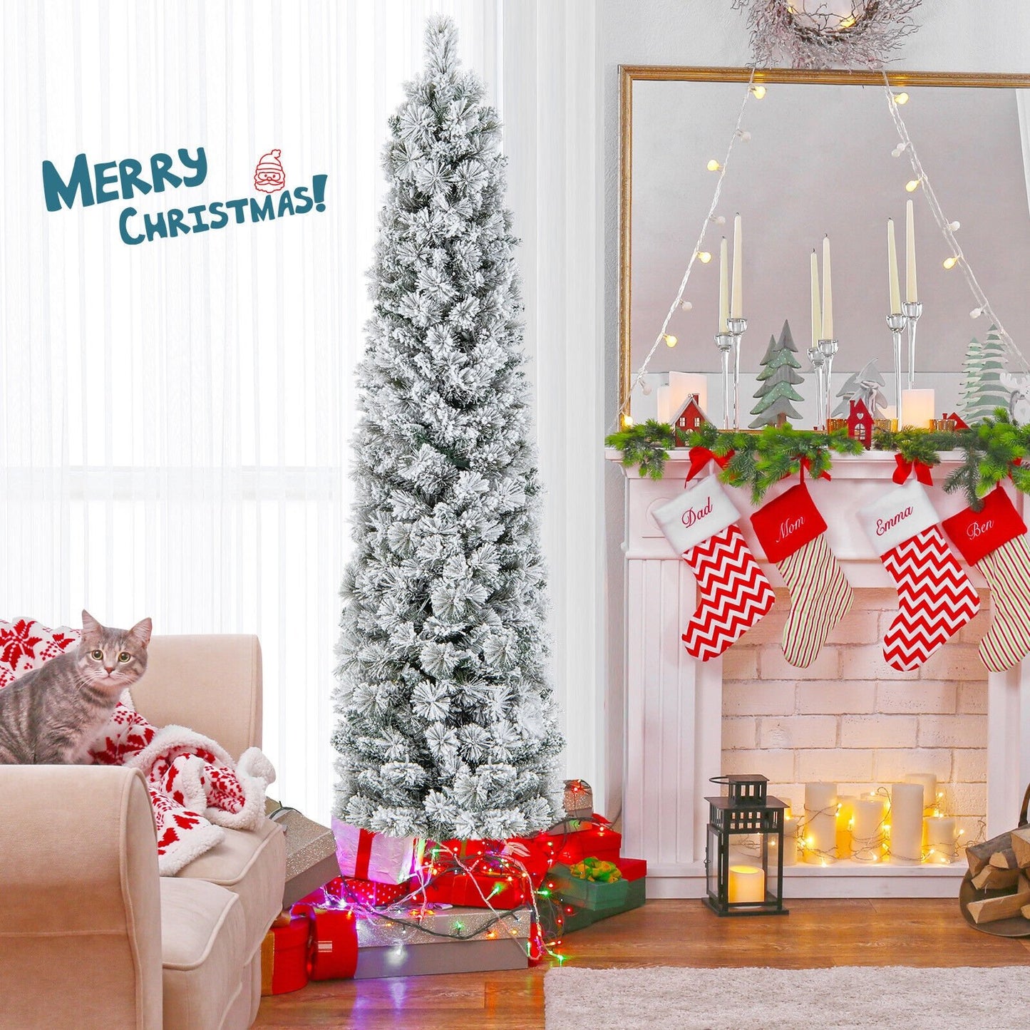 4.5/6/7 Feet Christmas Tree with 258 Branch Tips and 100 Incandescent Lights-Flocked and Slim-6 Feet - Gallery Canada