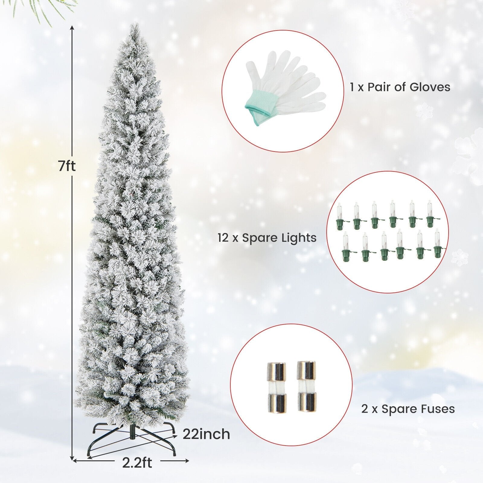 4.5/6/7 Feet Christmas Tree with 258 Branch Tips and 100 Incandescent Lights-Flocked and Slim-7 ft Christmas Tree   at Gallery Canada