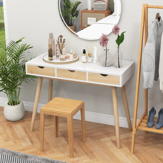 Computer Desk with 3 Drawers and Solid Rubber Wood Legs for Home Office, Natural Writing Desks   at Gallery Canada