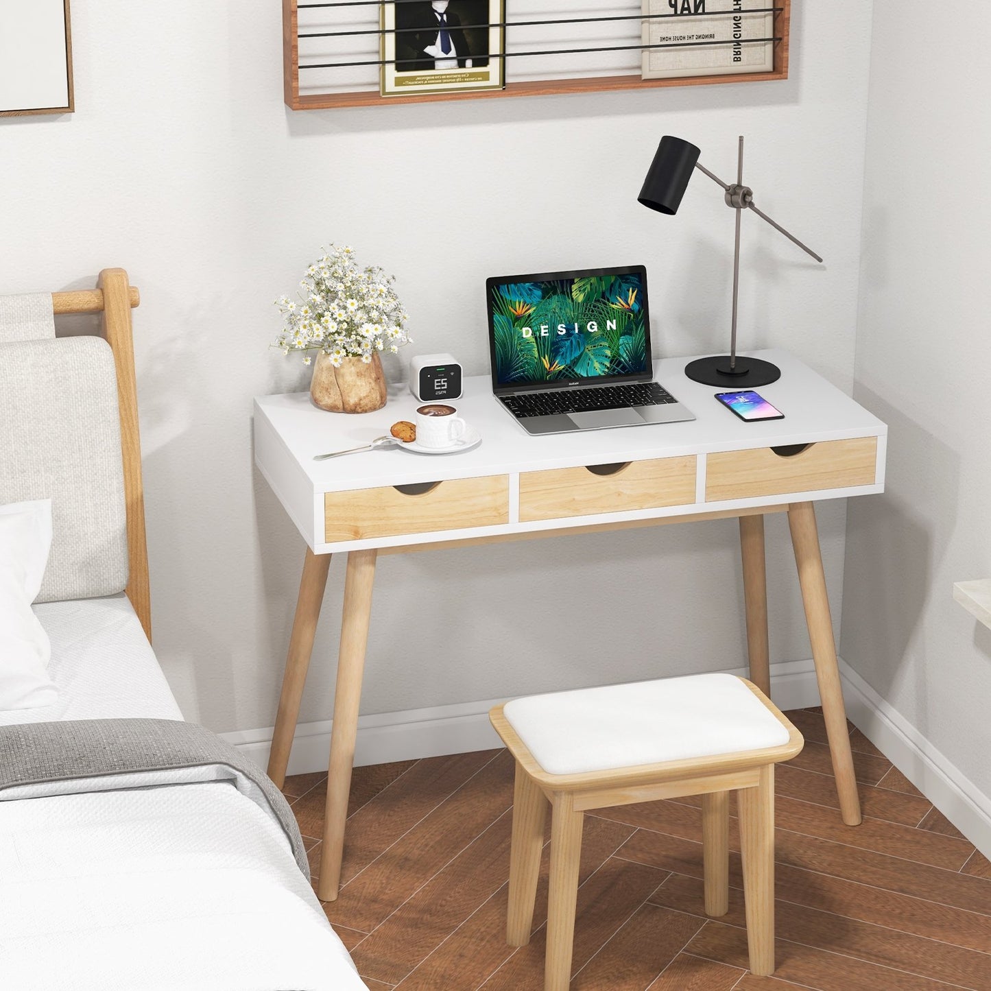 Computer Desk with 3 Drawers and Solid Rubber Wood Legs for Home Office, Natural Writing Desks   at Gallery Canada