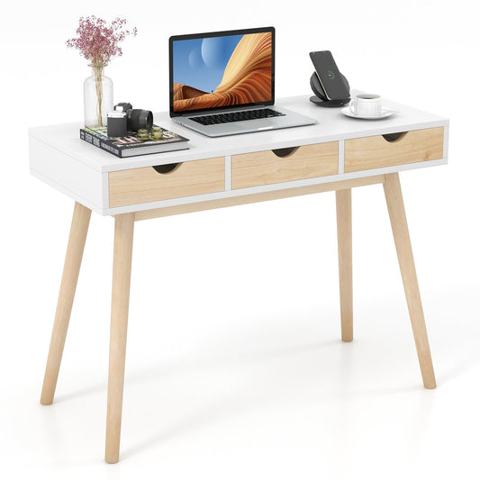 Computer Desk with 3 Drawers and Solid Rubber Wood Legs for Home Office, Natural Writing Desks   at Gallery Canada