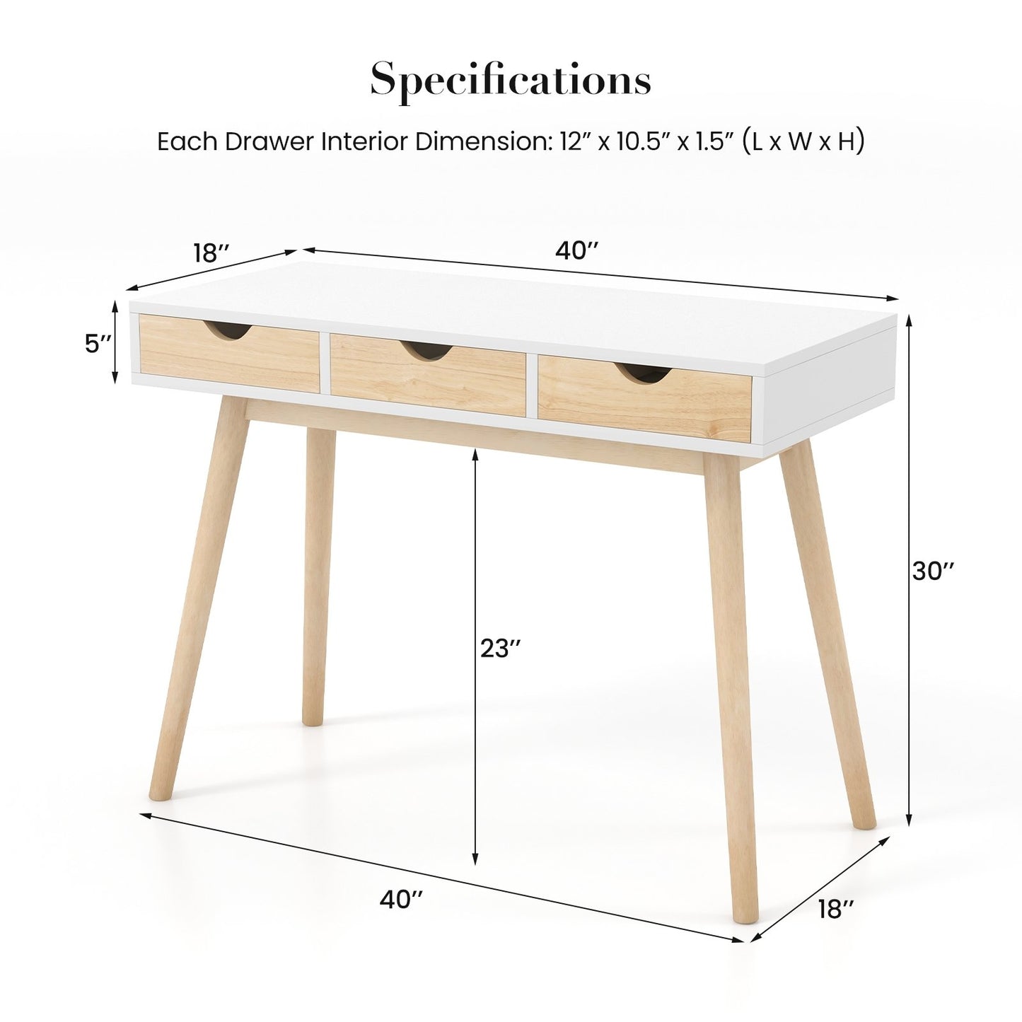 Computer Desk with 3 Drawers and Solid Rubber Wood Legs for Home Office, Natural Writing Desks   at Gallery Canada