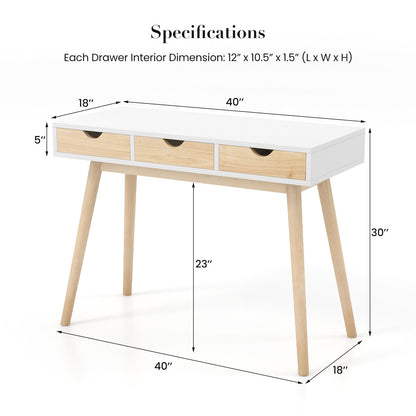 Computer Desk with 3 Drawers and Solid Rubber Wood Legs for Home Office, Natural Writing Desks   at Gallery Canada