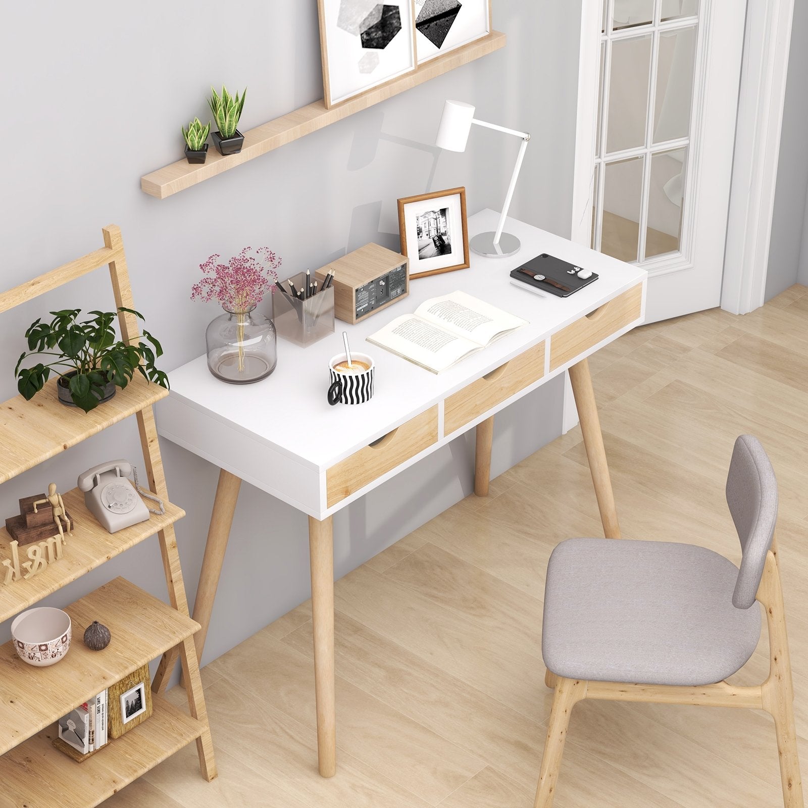 Computer Desk with 3 Drawers and Solid Rubber Wood Legs for Home Office, Natural Writing Desks   at Gallery Canada