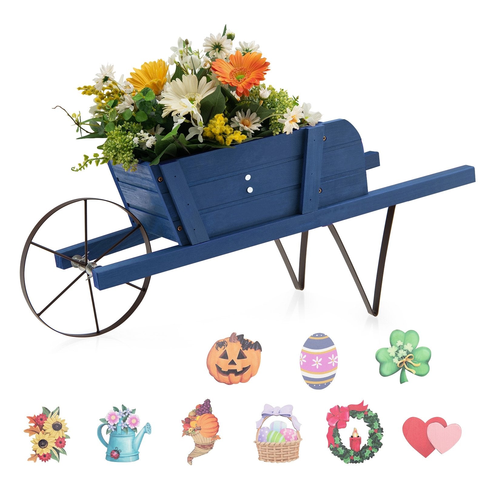 Wooden Wagon Planter with 9 Magnetic Accessories for Garden Yard, Blue Plant Stands   at Gallery Canada