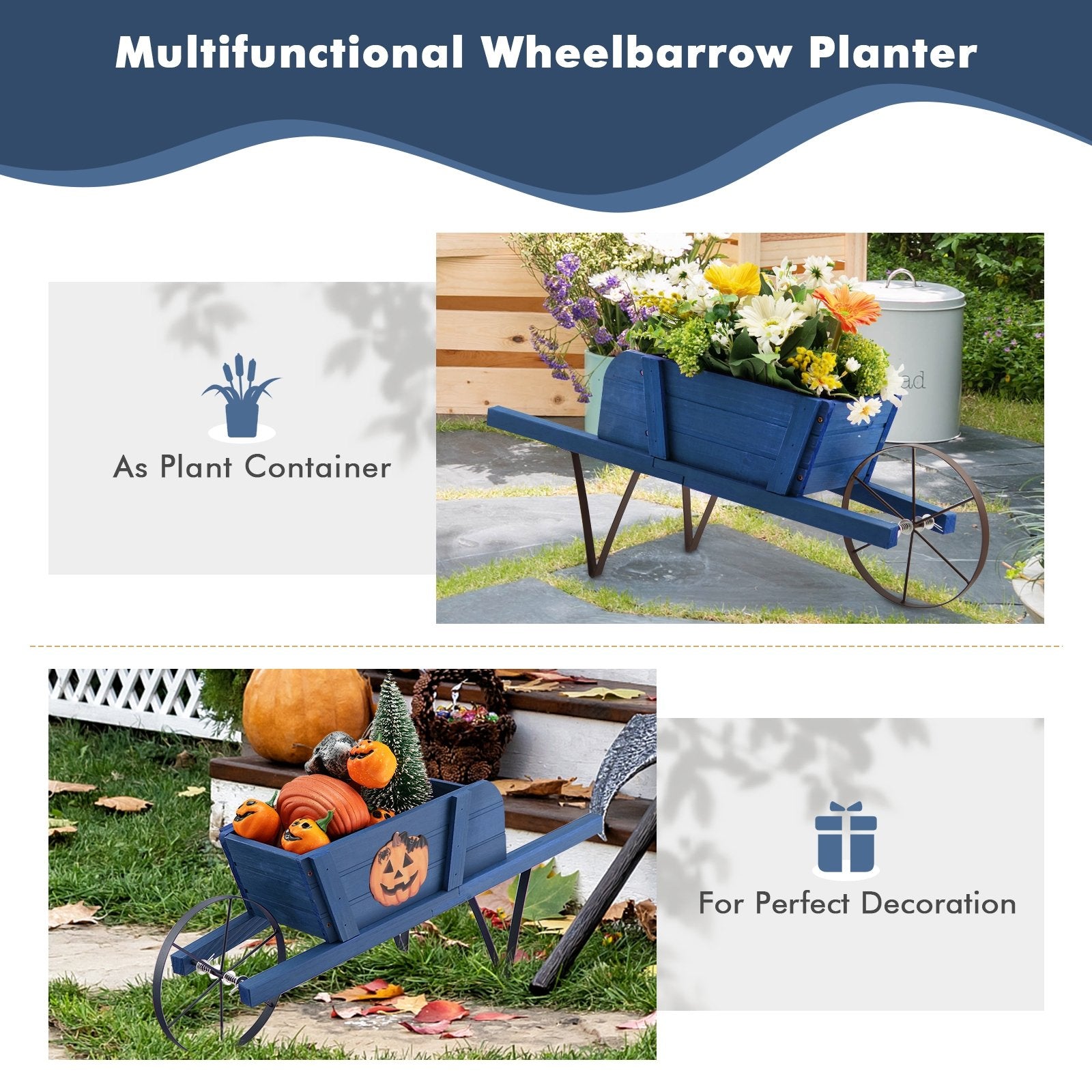 Wooden Wagon Planter with 9 Magnetic Accessories for Garden Yard, Blue Plant Stands   at Gallery Canada