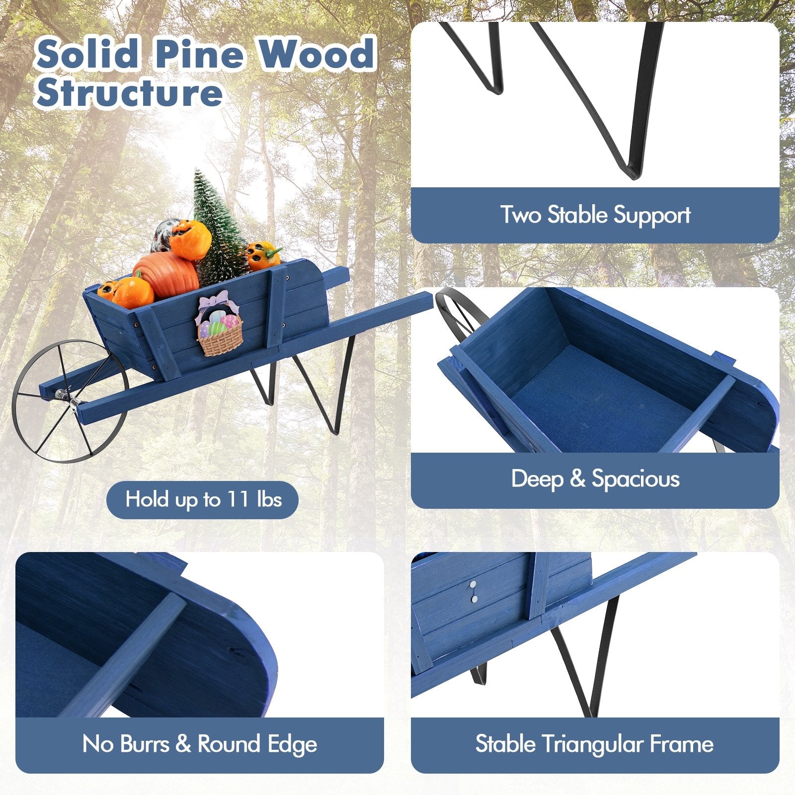 Wooden Wagon Planter with 9 Magnetic Accessories for Garden Yard, Blue Plant Stands   at Gallery Canada