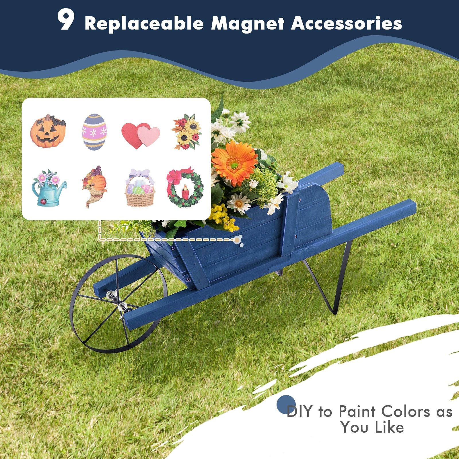 Wooden Wagon Planter with 9 Magnetic Accessories for Garden Yard, Blue Plant Stands   at Gallery Canada