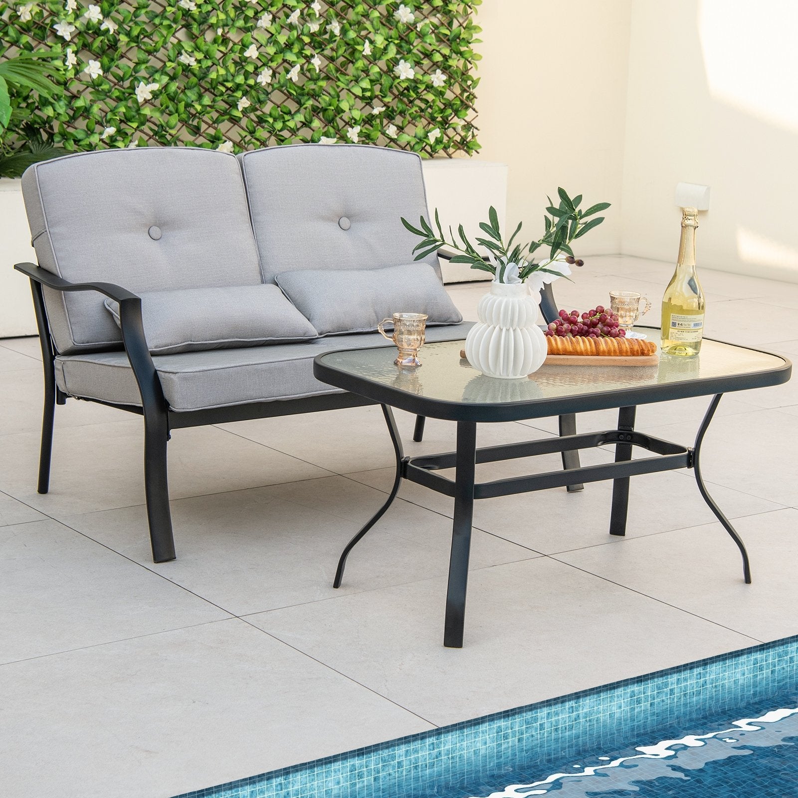 Outdoor Loveseat Chair Set with Tempered Glass Coffee Table, Gray Patio Dining Sets   at Gallery Canada