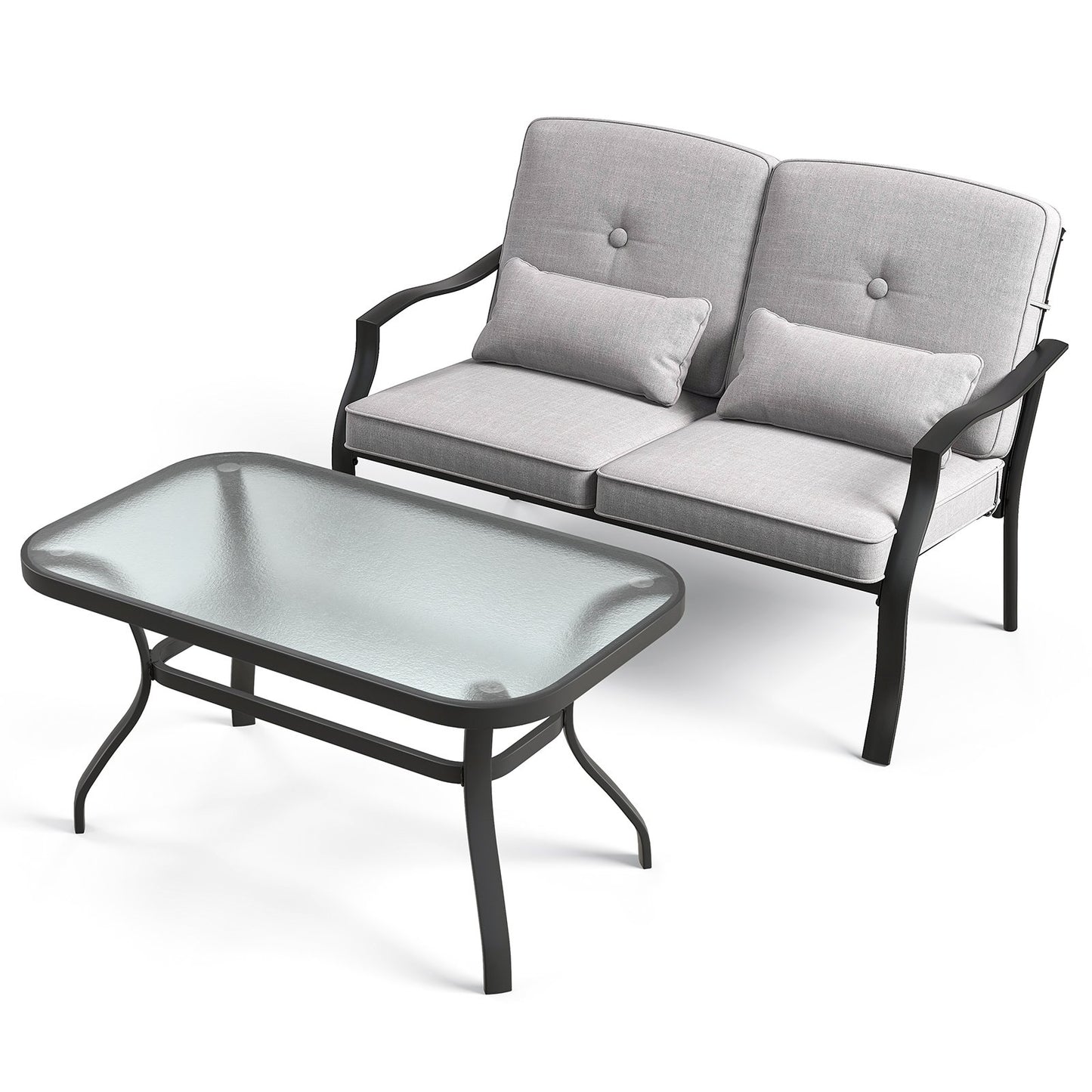 Outdoor Loveseat Chair Set with Tempered Glass Coffee Table, Gray Patio Dining Sets   at Gallery Canada