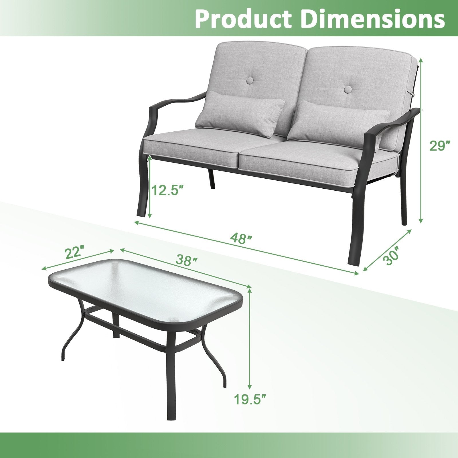 Outdoor Loveseat Chair Set with Tempered Glass Coffee Table, Gray Patio Dining Sets   at Gallery Canada