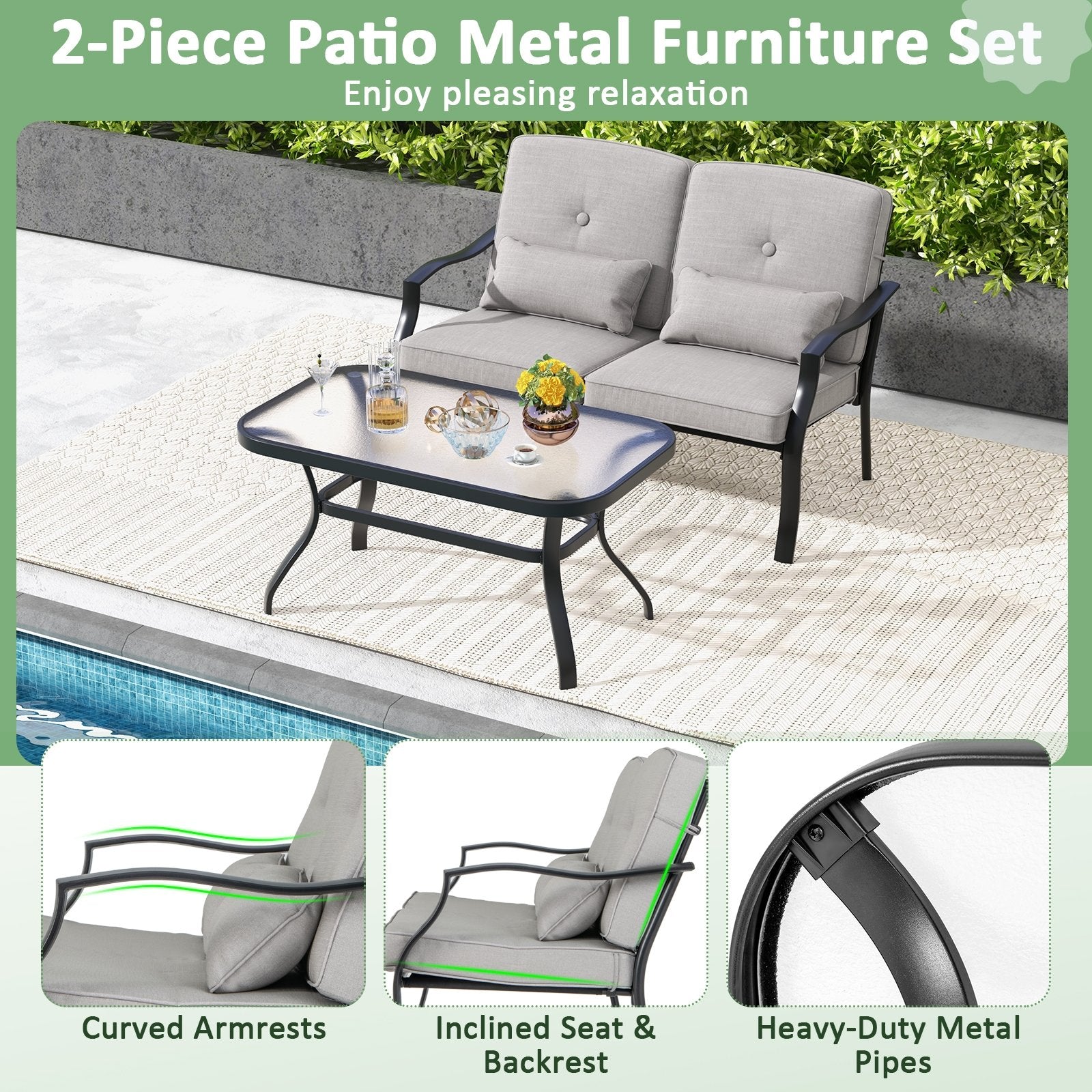 Outdoor Loveseat Chair Set with Tempered Glass Coffee Table, Gray Patio Dining Sets   at Gallery Canada