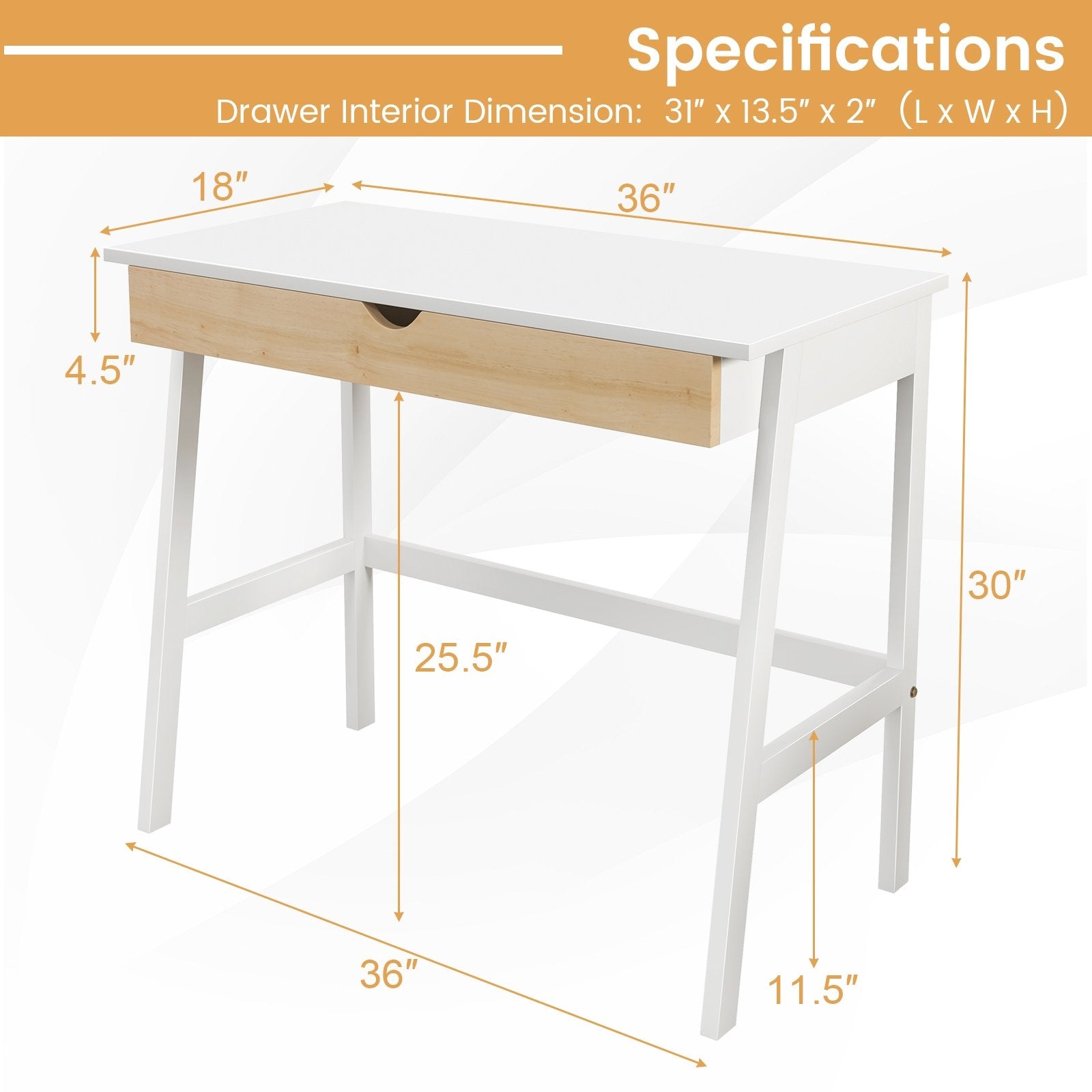 Wooden Computer Desk with Drawer for Home Office, White Writing Desks   at Gallery Canada