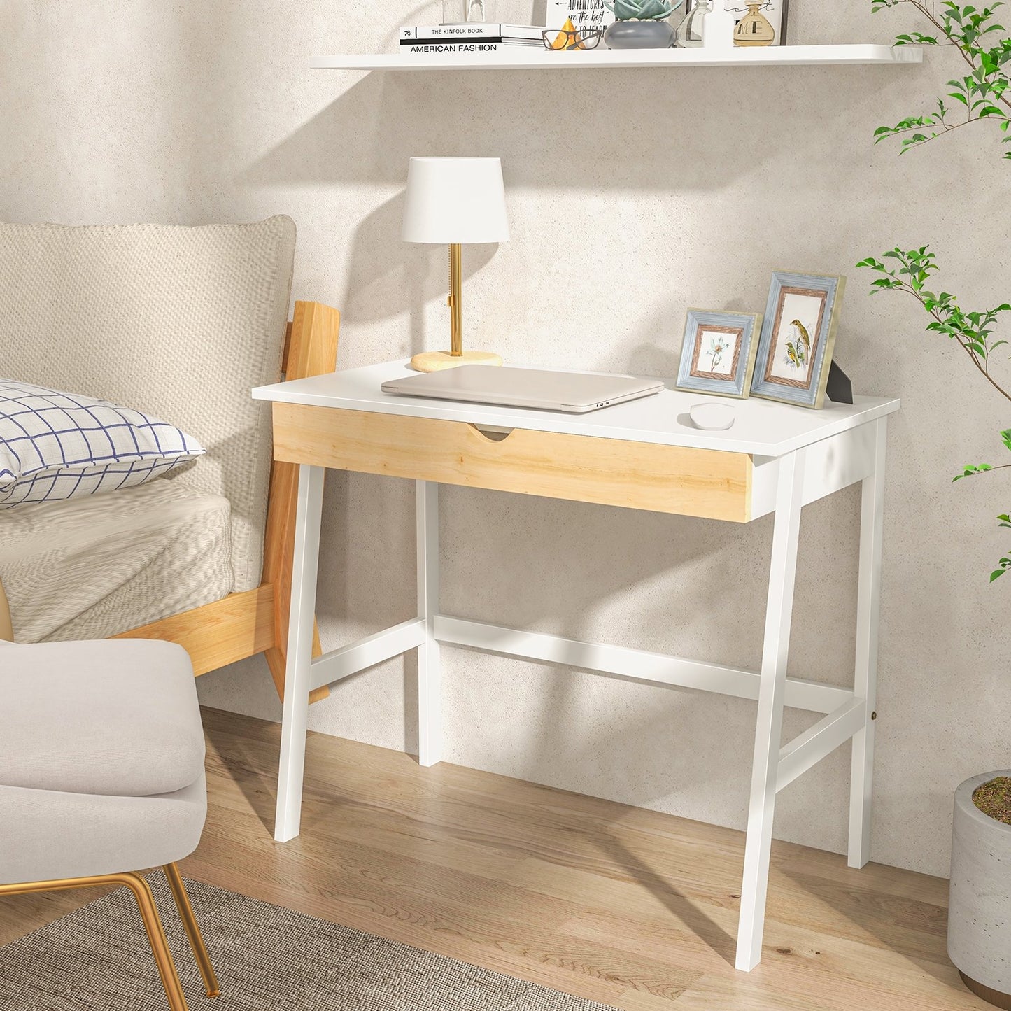 Wooden Computer Desk with Drawer for Home Office, White Writing Desks   at Gallery Canada