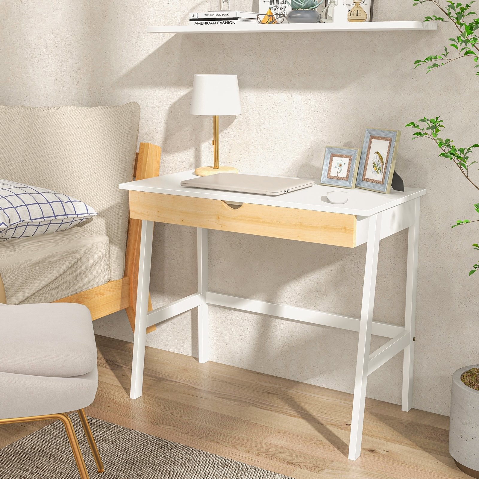 Wooden Computer Desk with Drawer for Home Office, White Writing Desks   at Gallery Canada