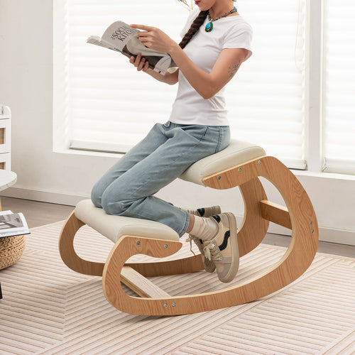 Wooden Rocking Chair with Comfortable Padded Seat Cushion and Knee Support, Beige