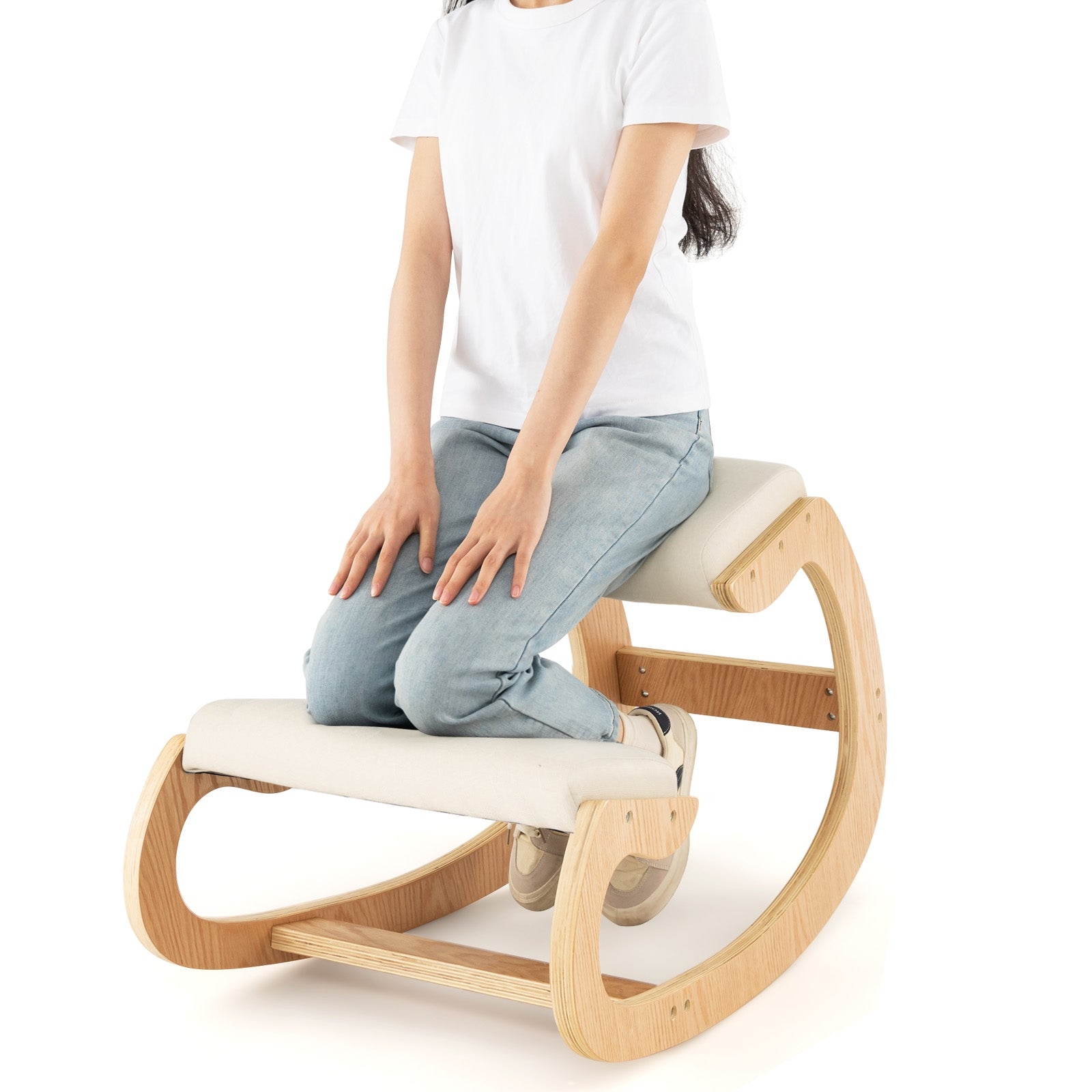 Wooden Rocking Chair with Comfortable Padded Seat Cushion and Knee Support, Beige Kneeling Chiars at Gallery Canada