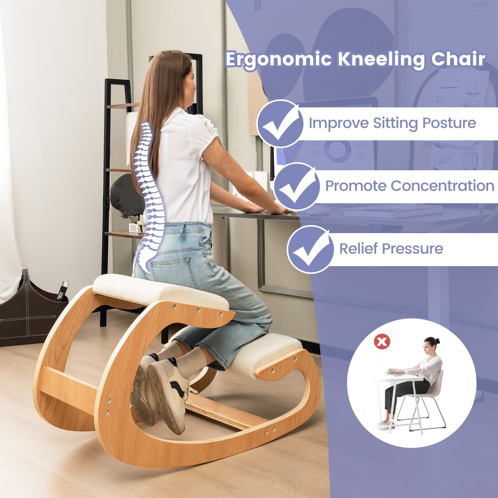 Wooden Rocking Chair with Comfortable Padded Seat Cushion and Knee Support, Beige Kneeling Chiars at Gallery Canada