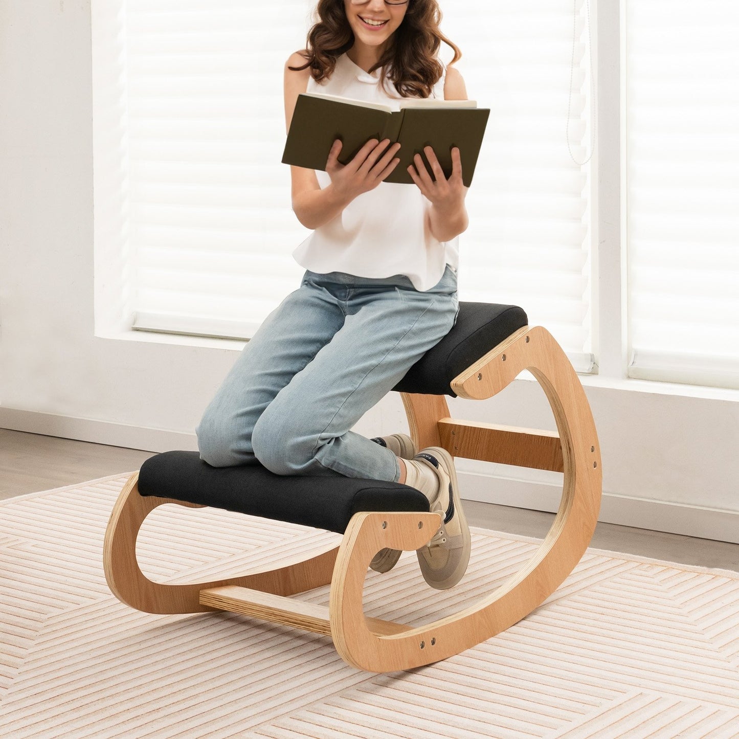 Wooden Rocking Chair with Comfortable Padded Seat Cushion and Knee Support, Black Kneeling Chiars   at Gallery Canada