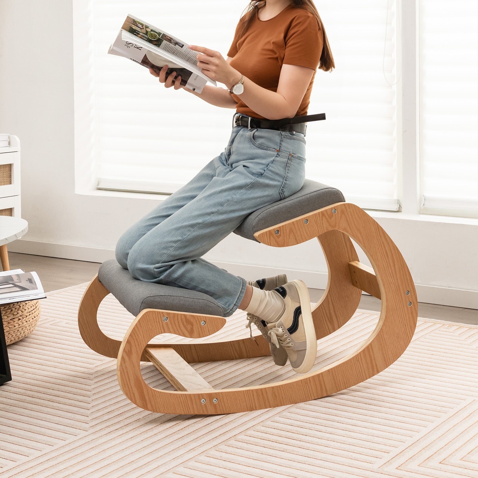 Wooden Rocking Chair with Comfortable Padded Seat Cushion and Knee Support, Gray Kneeling Chiars at Gallery Canada