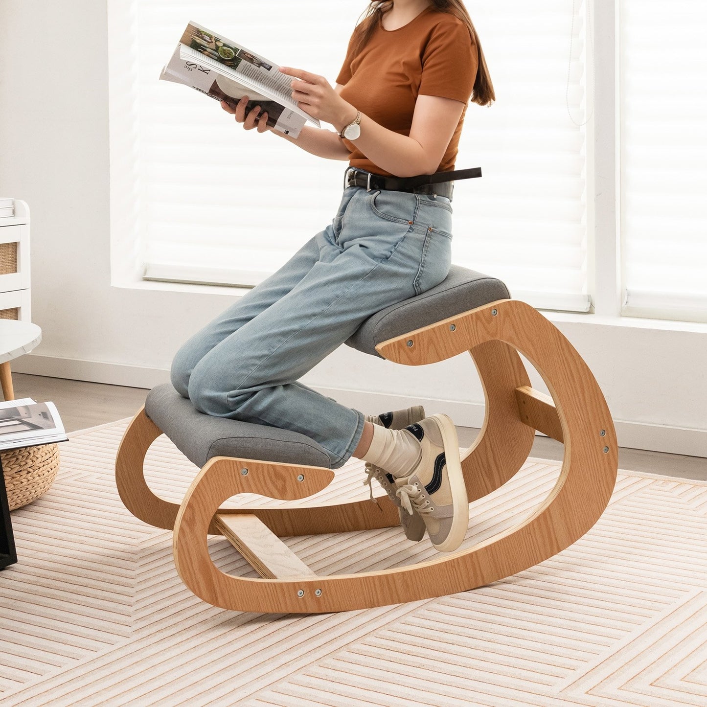 Wooden Rocking Chair with Comfortable Padded Seat Cushion and Knee Support, Gray Kneeling Chiars   at Gallery Canada