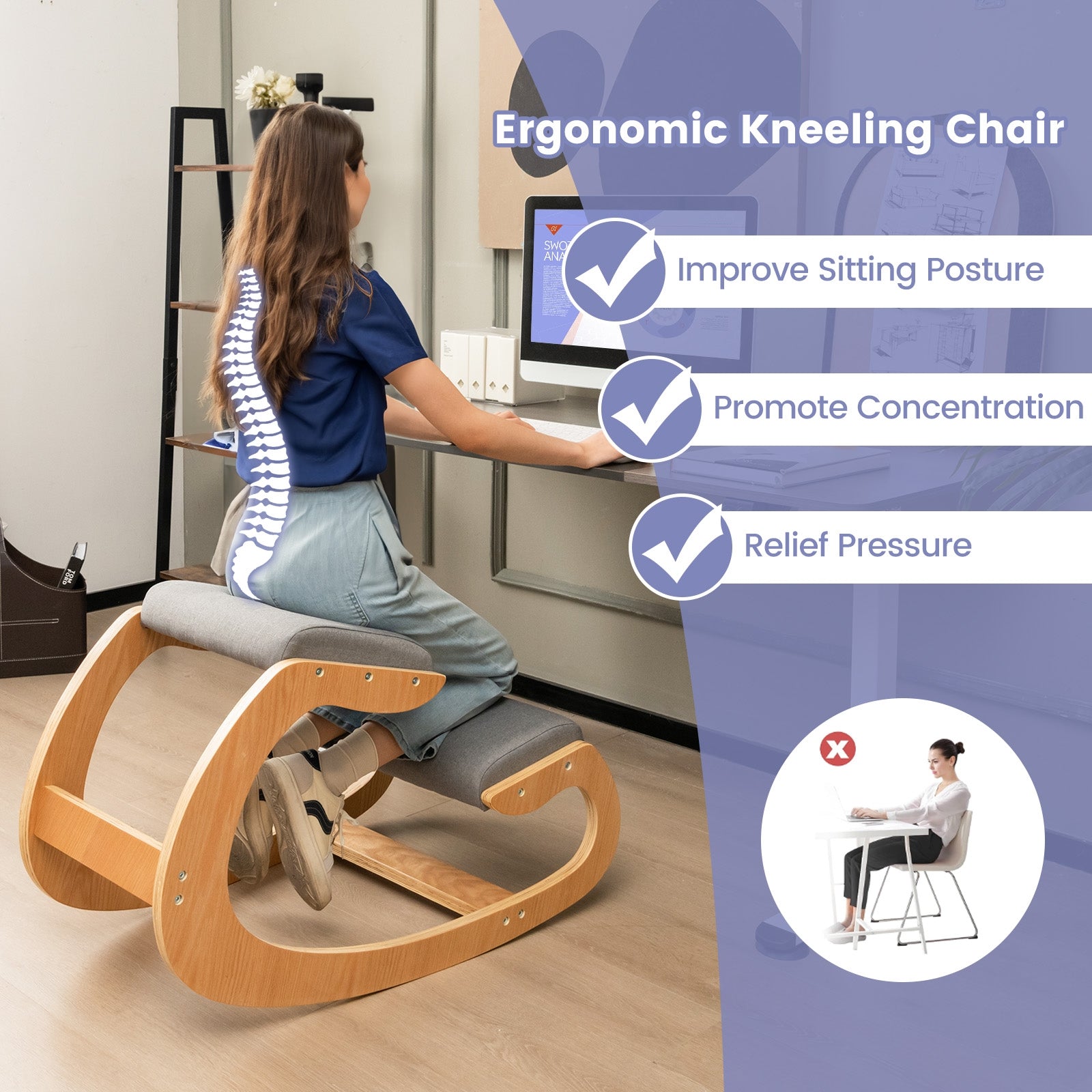Wooden Rocking Chair with Comfortable Padded Seat Cushion and Knee Support, Gray Kneeling Chiars at Gallery Canada