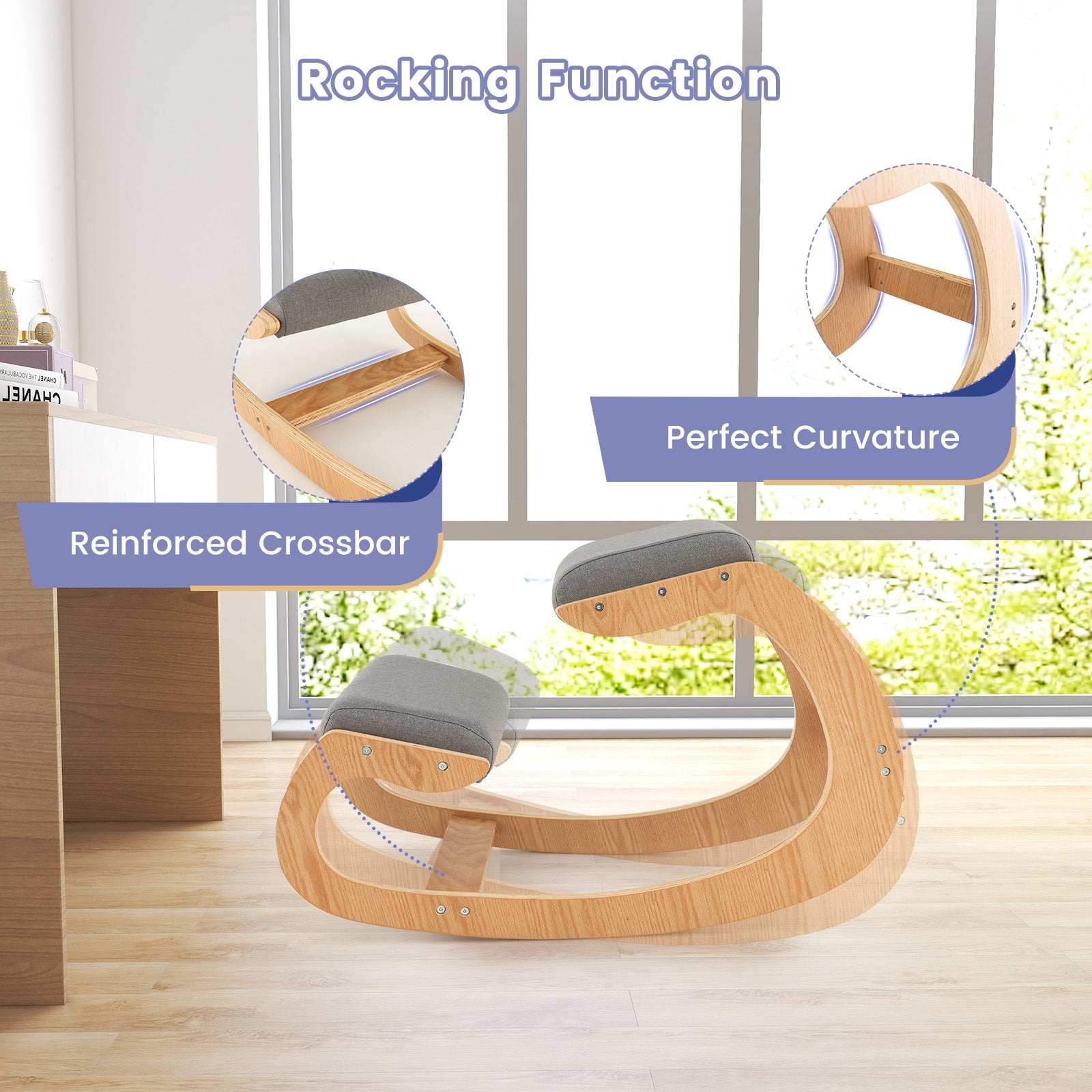 Wooden Rocking Chair with Comfortable Padded Seat Cushion and Knee Support, Gray Kneeling Chiars at Gallery Canada