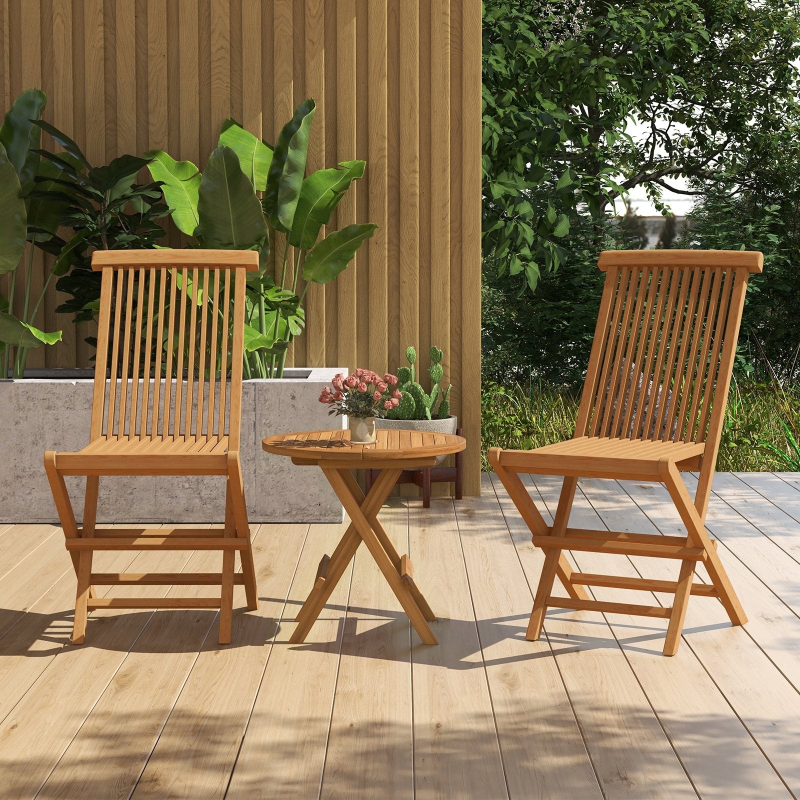 Set of 2 Indonesia Teak Patio Folding Chairs with High Back and Slatted Seat, Natural Patio Dining Chairs   at Gallery Canada