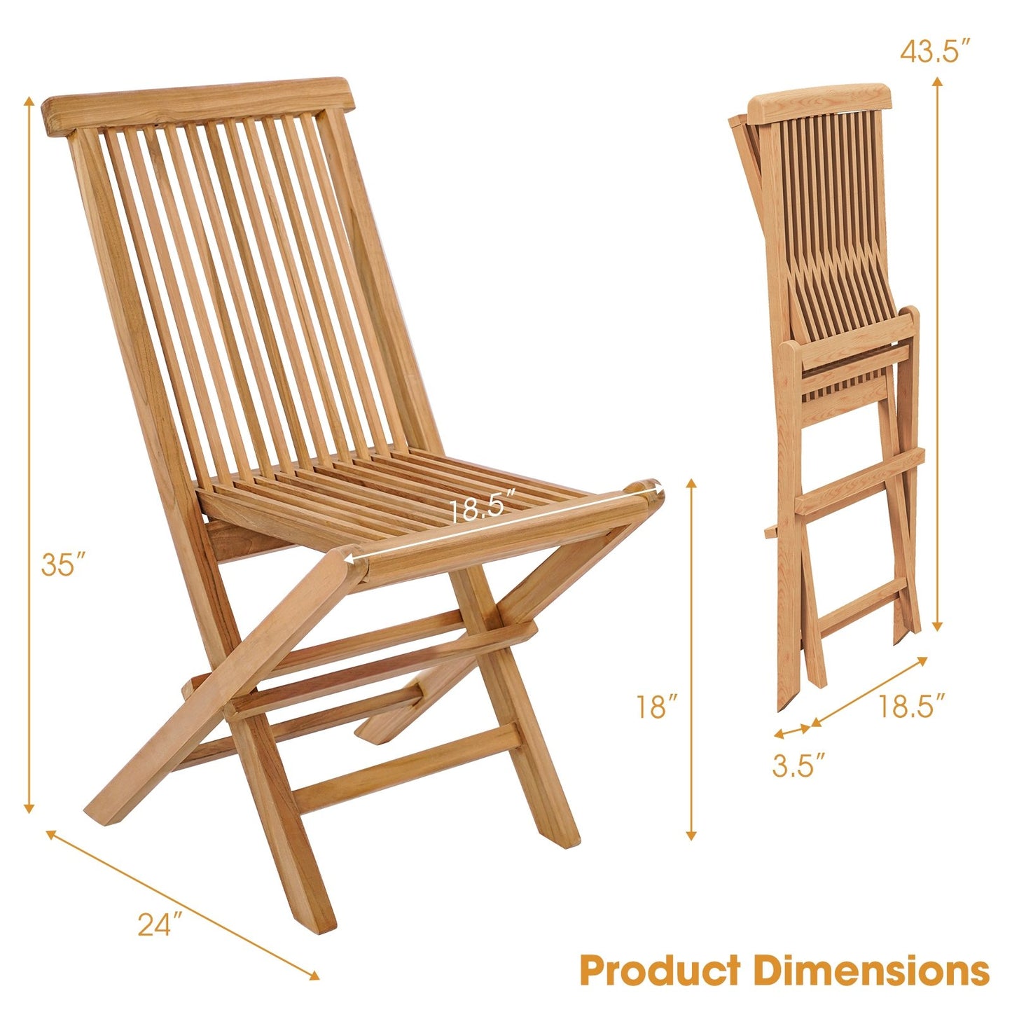 Set of 2 Indonesia Teak Patio Folding Chairs with High Back and Slatted Seat, Natural Patio Dining Chairs   at Gallery Canada