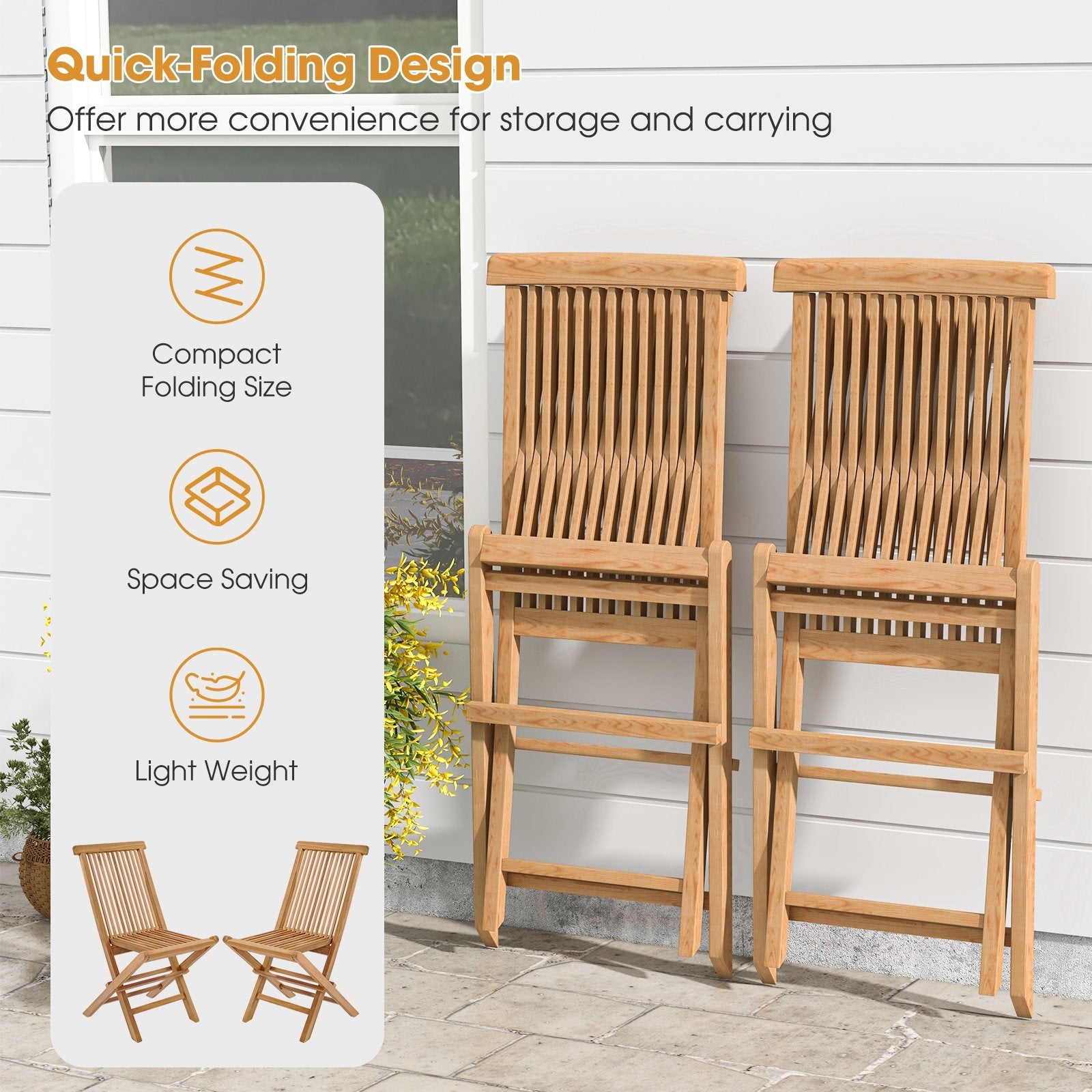 Set of 2 Indonesia Teak Patio Folding Chairs with High Back and Slatted Seat, Natural Patio Dining Chairs   at Gallery Canada