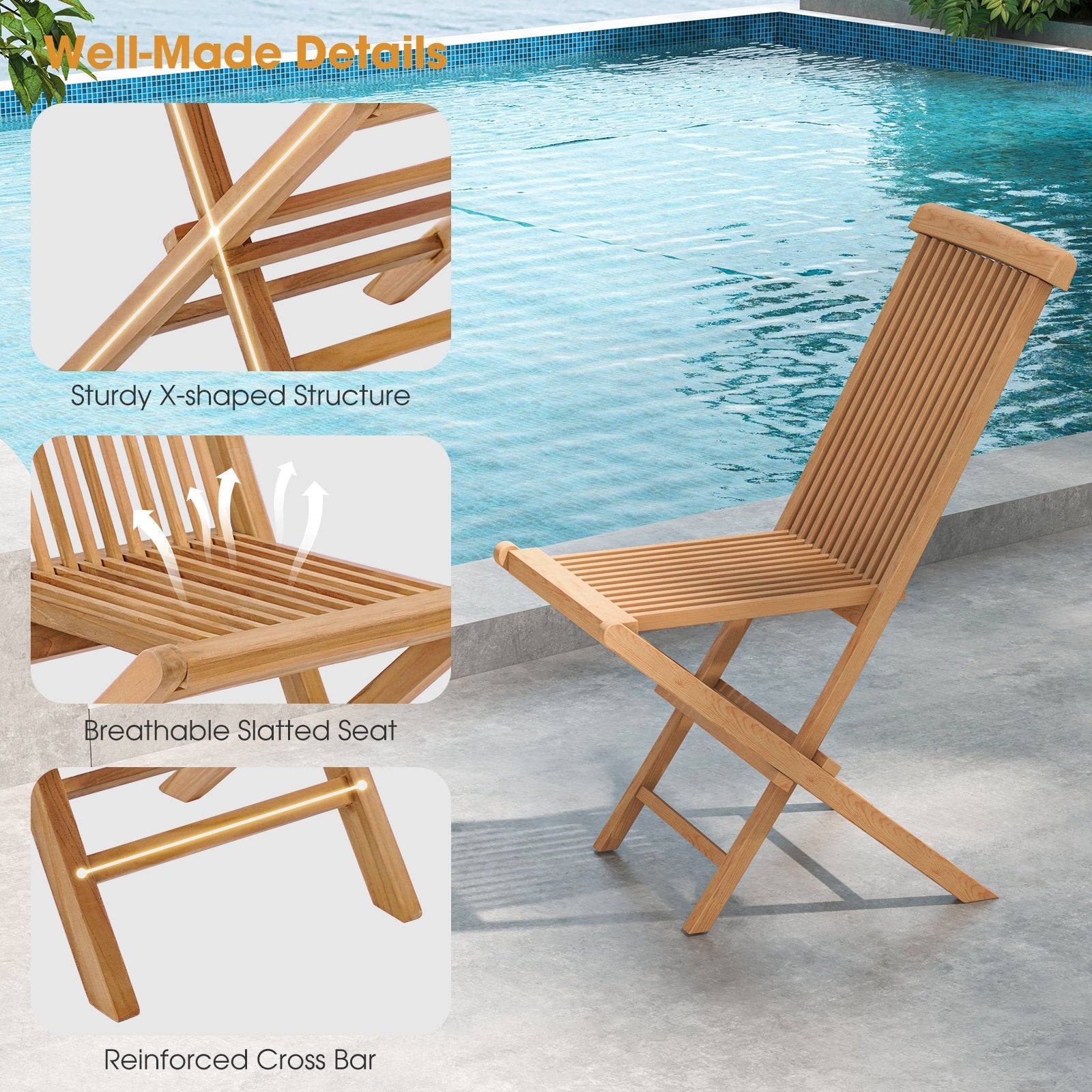 Set of 2 Indonesia Teak Patio Folding Chairs with High Back and Slatted Seat, Natural Patio Dining Chairs   at Gallery Canada