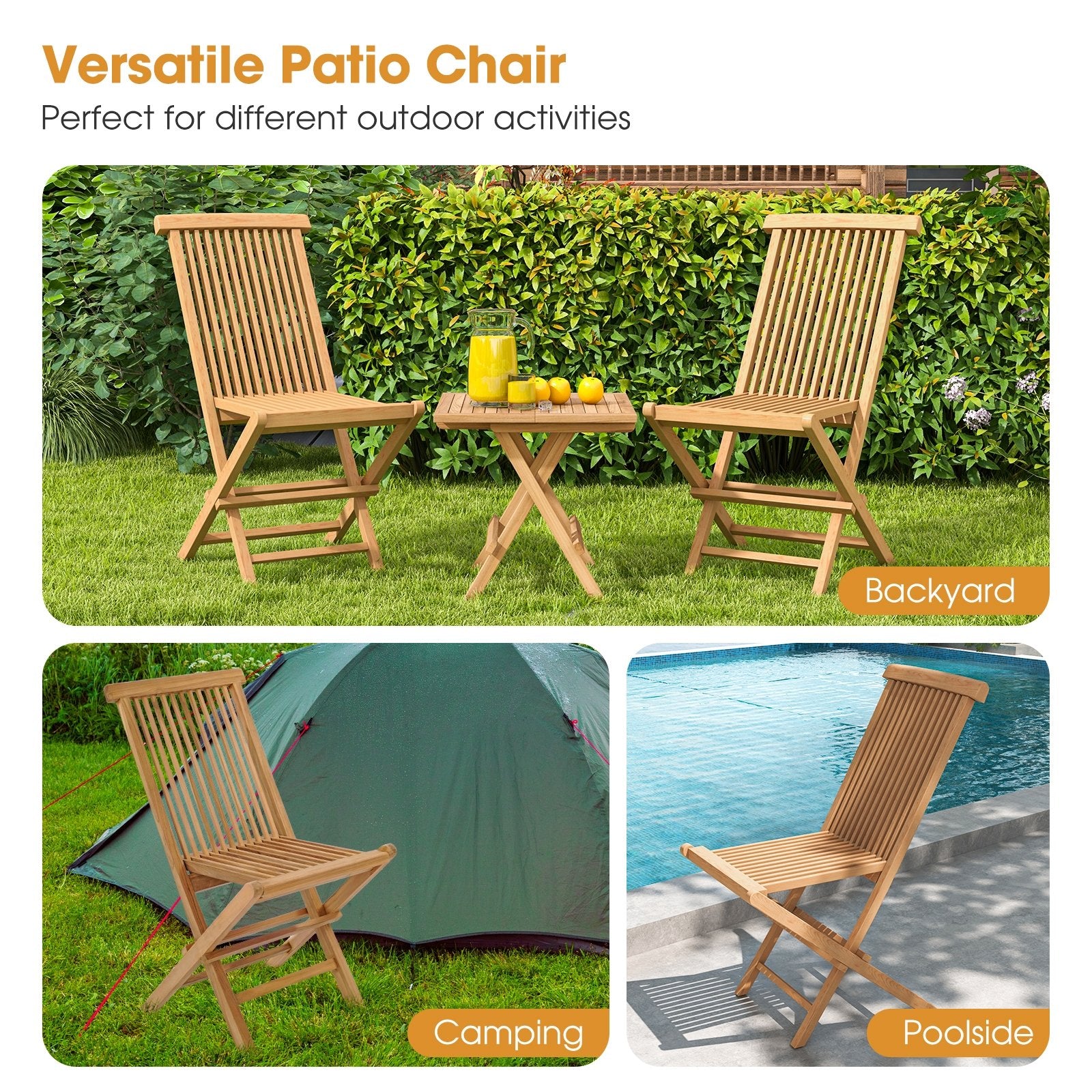 Set of 2 Indonesia Teak Patio Folding Chairs with High Back and Slatted Seat, Natural Patio Dining Chairs   at Gallery Canada