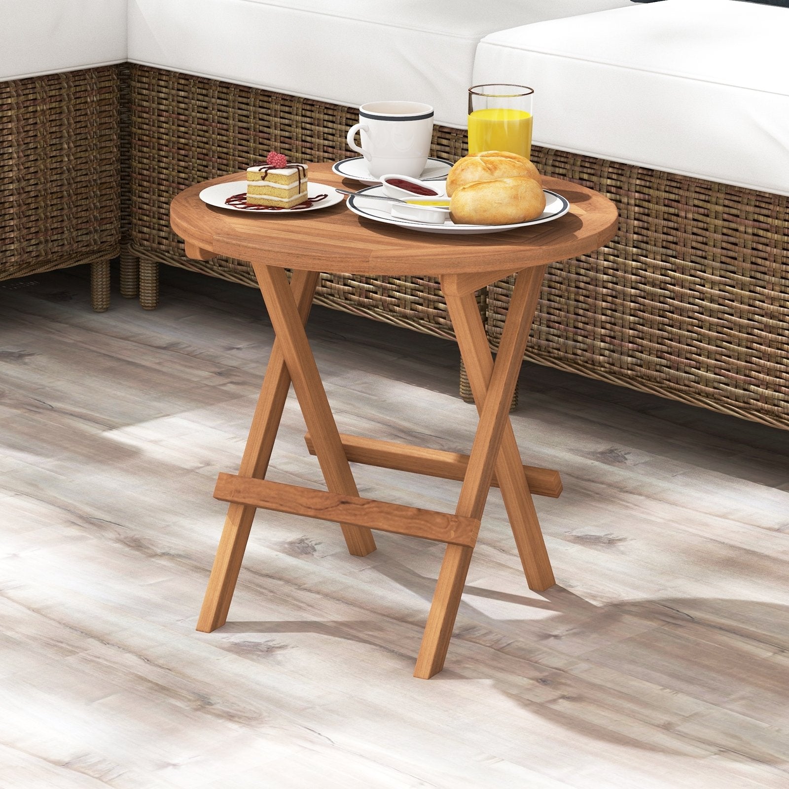 Round Patio Folding Coffee Table Indonesia Teak Wood with Slatted Tabletop, Natural Patio Coffee Tables   at Gallery Canada