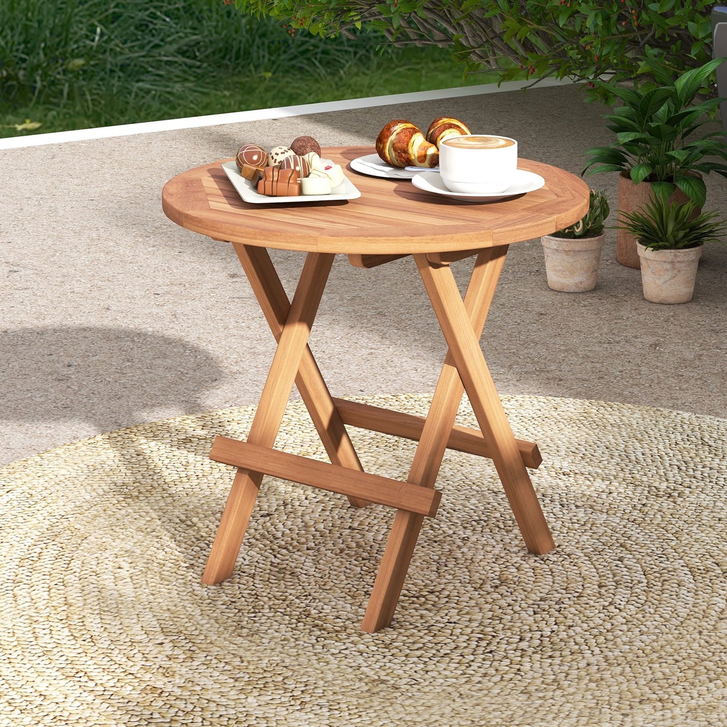 Round Patio Folding Coffee Table Indonesia Teak Wood with Slatted Tabletop, Natural Patio Coffee Tables   at Gallery Canada