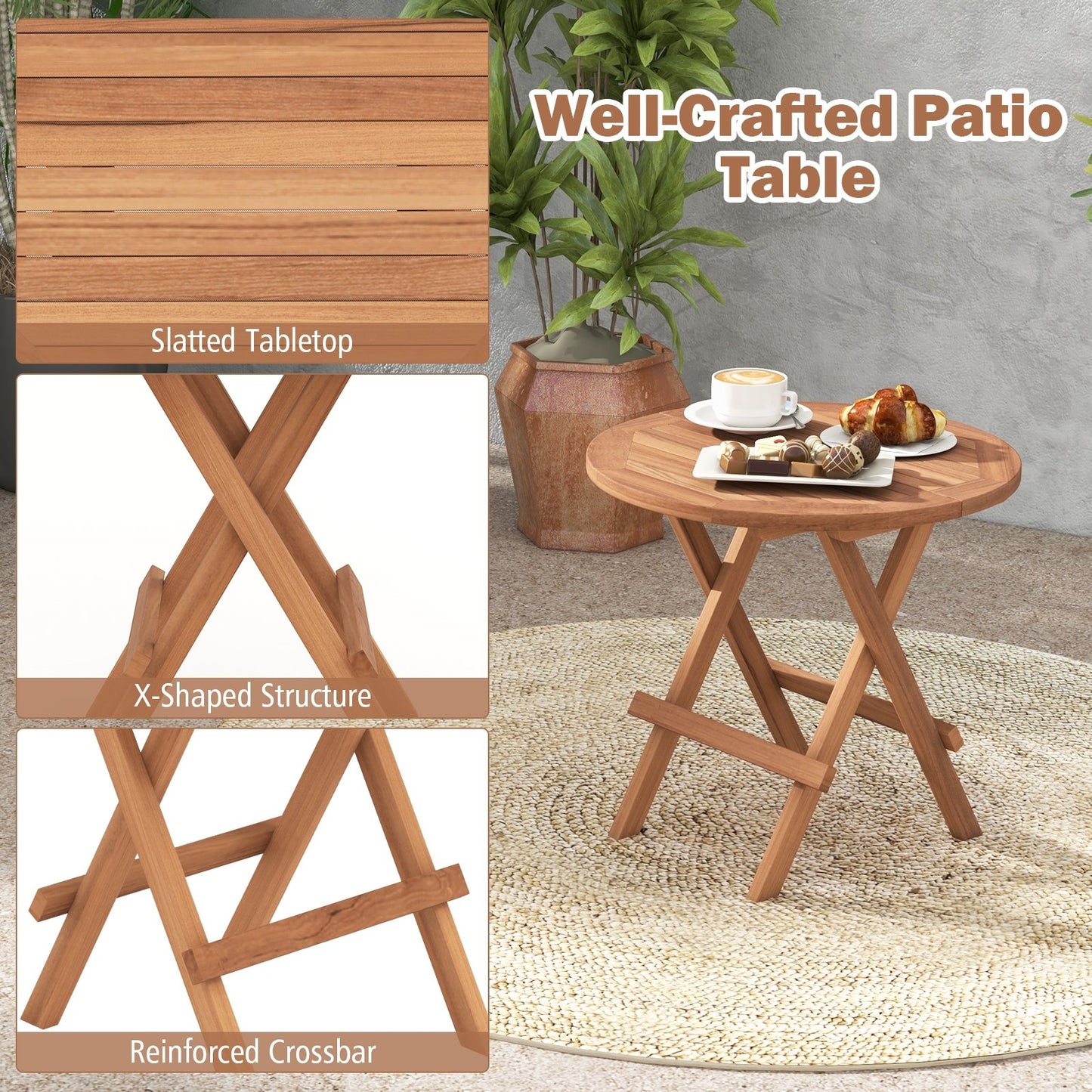 Round Patio Folding Coffee Table Indonesia Teak Wood with Slatted Tabletop, Natural Patio Coffee Tables   at Gallery Canada