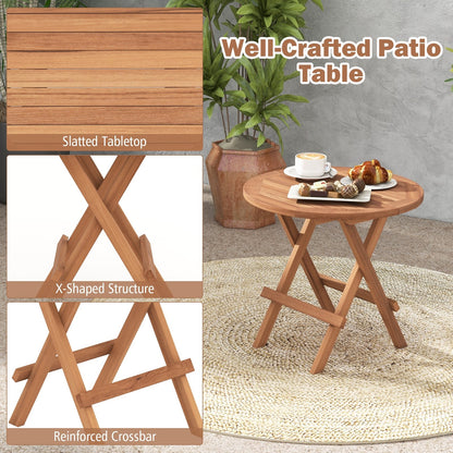 Round Patio Folding Coffee Table Indonesia Teak Wood with Slatted Tabletop, Natural Patio Coffee Tables   at Gallery Canada