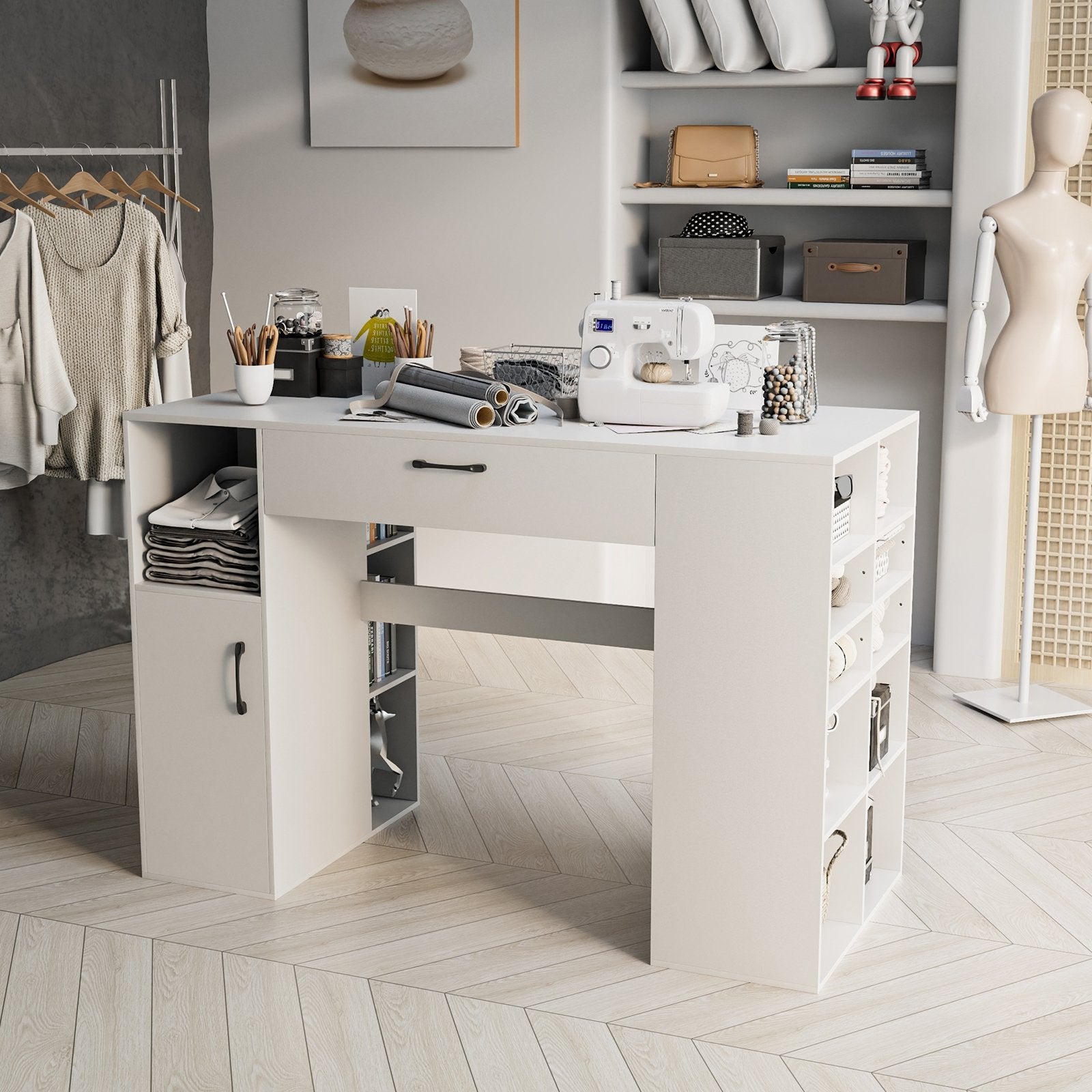 Counter Height Sewing Craft Table Computer Desk with Adjustable Shelves and Drawer, White Sewing Tables   at Gallery Canada