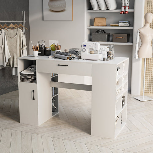 Counter Height Sewing Craft Table Computer Desk with Adjustable Shelves and Drawer, White