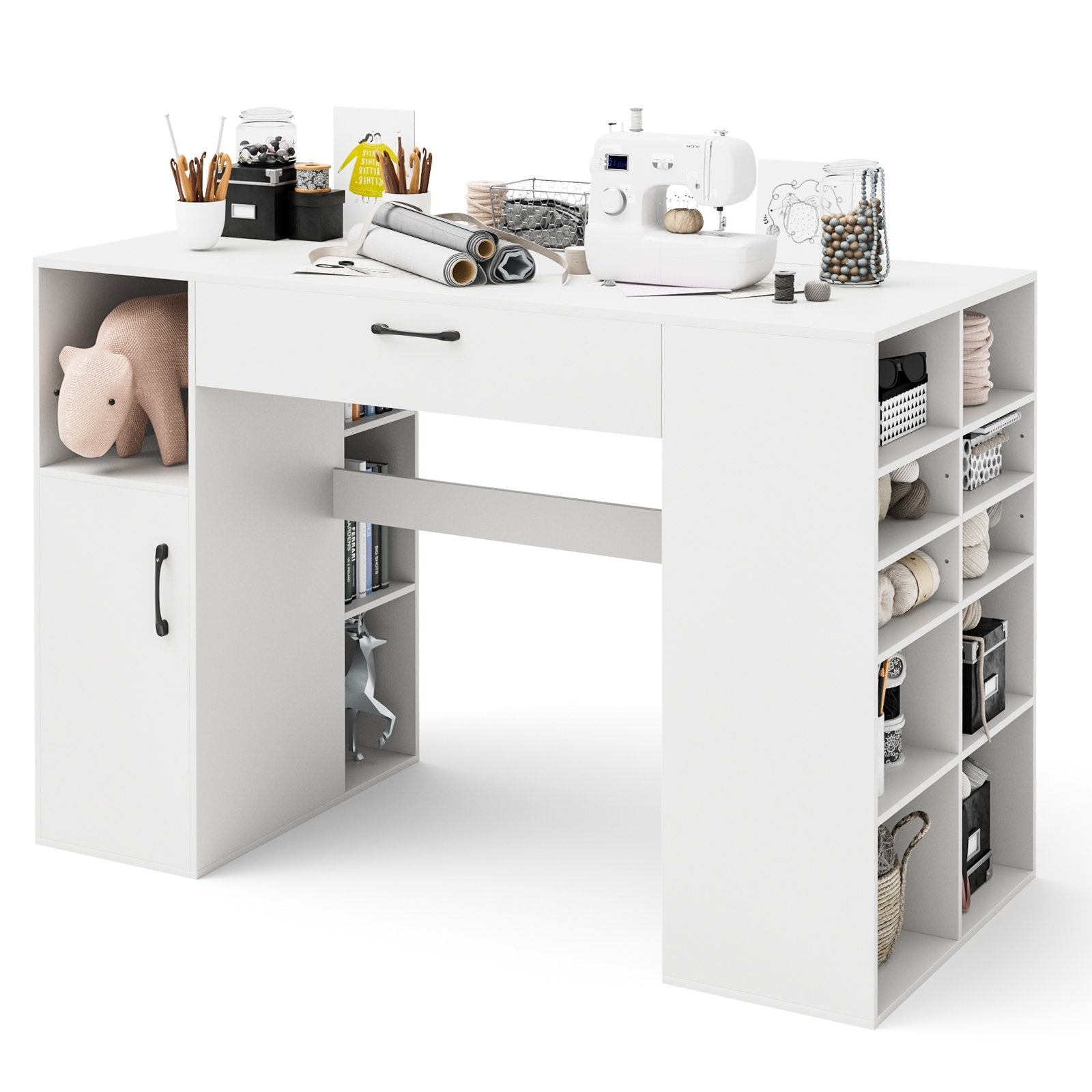 Counter Height Sewing Craft Table Computer Desk with Adjustable Shelves and Drawer, White Sewing Tables   at Gallery Canada