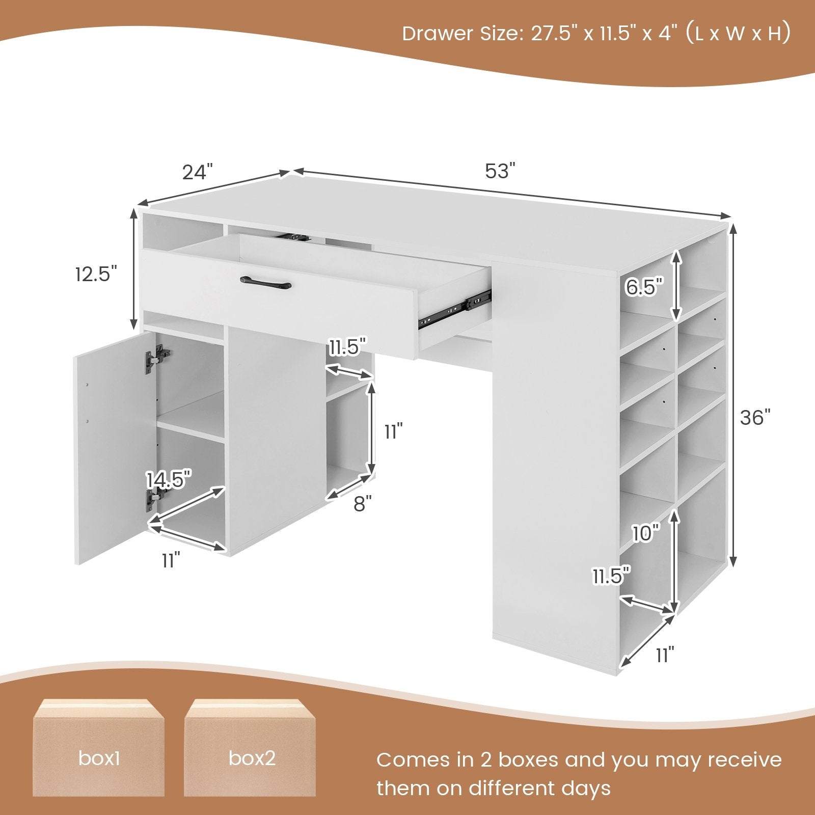 Counter Height Sewing Craft Table Computer Desk with Adjustable Shelves and Drawer, White Sewing Tables   at Gallery Canada