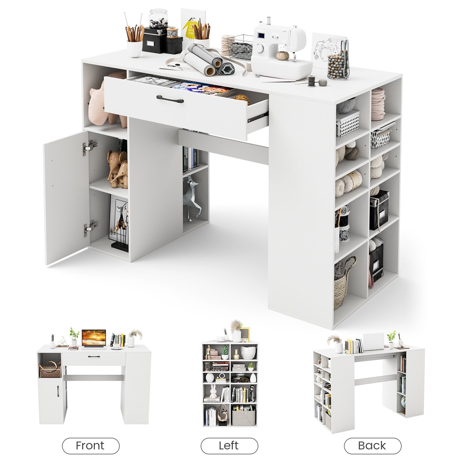 Counter Height Sewing Craft Table Computer Desk with Adjustable Shelves and Drawer, White Sewing Tables   at Gallery Canada