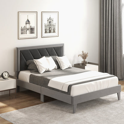 Twin/Full/Queen Platform Bed with High Headboard and Wooden Slats-Full Size, Black & Gray Simple Bed Frame   at Gallery Canada