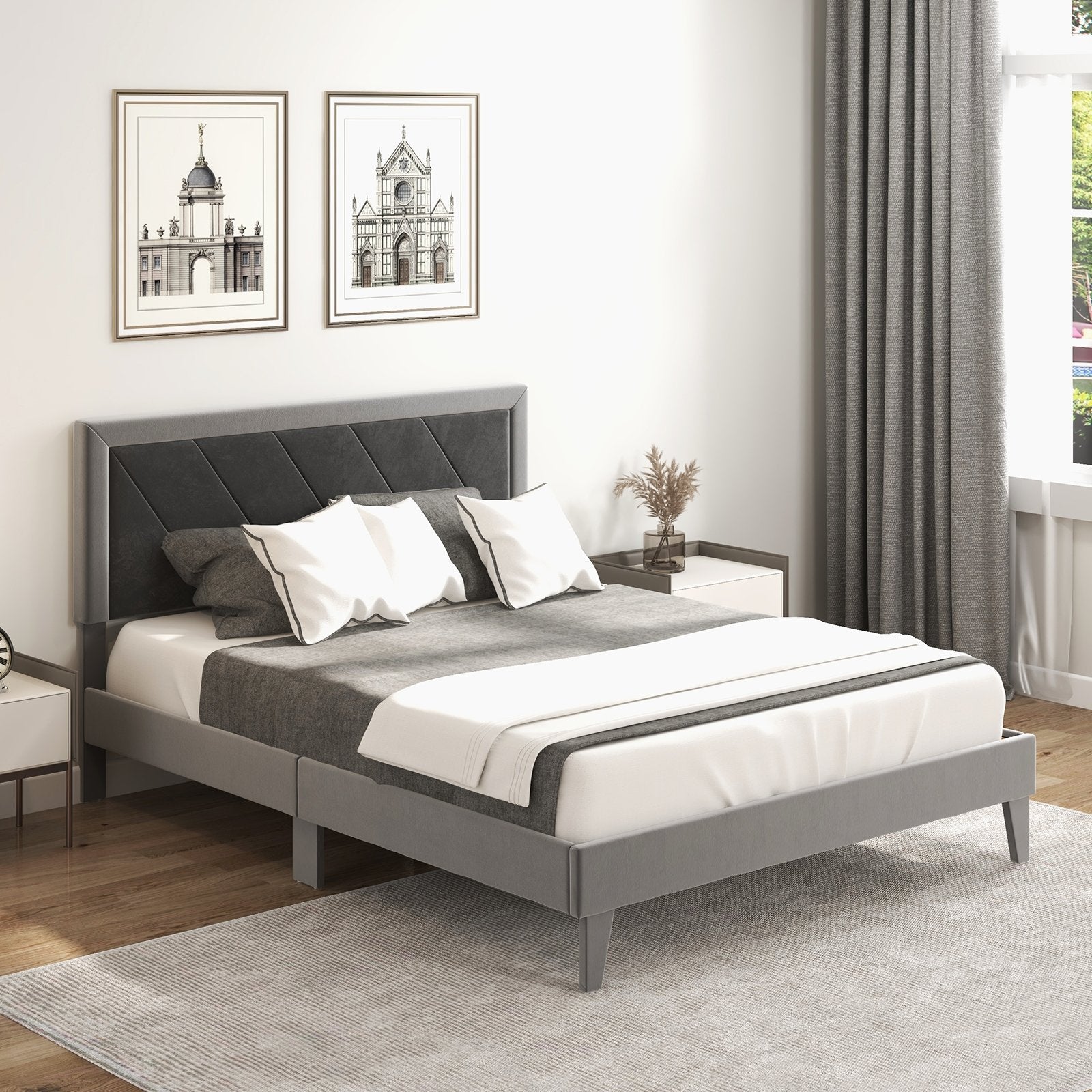 Twin/Full/Queen Platform Bed with High Headboard and Wooden Slats-Queen Size, Black & Gray Simple Bed Frame   at Gallery Canada