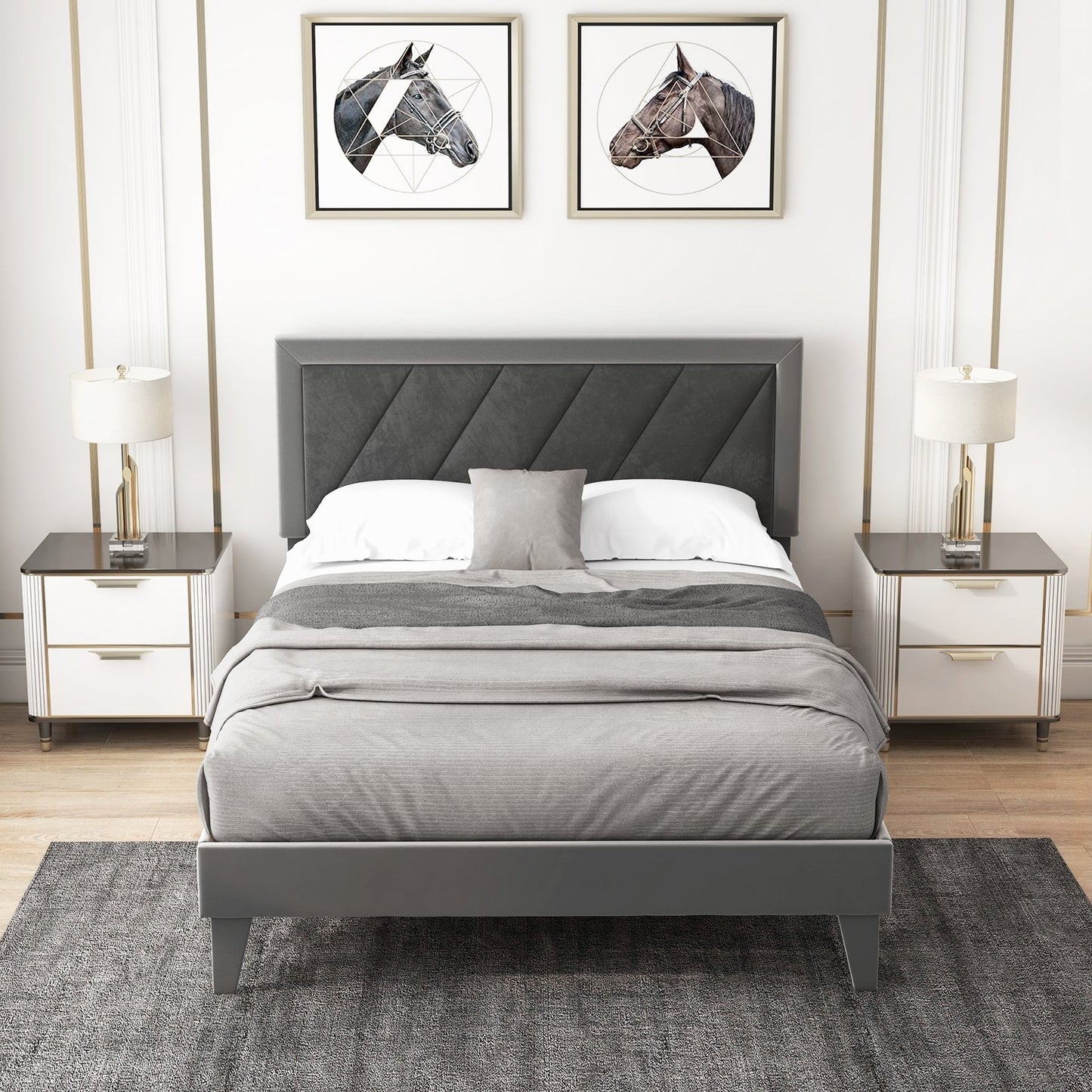 Twin/Full/Queen Platform Bed with High Headboard and Wooden Slats-Full Size, Black & Gray Simple Bed Frame   at Gallery Canada